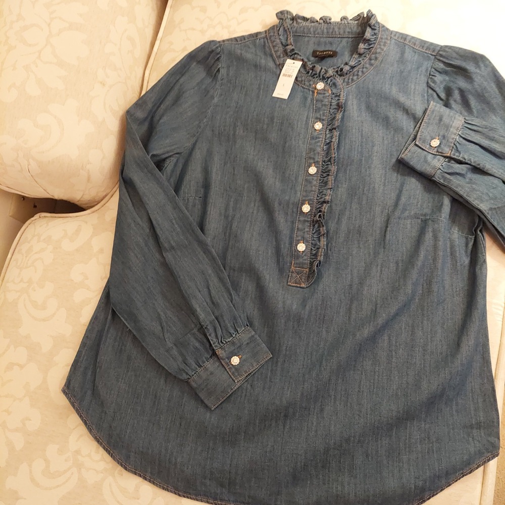 Talbots Wms Ruffle Collar Denim Popover Cotton Shirt Sparkle Buttons L NEW! $100 - Picture 2 of 13